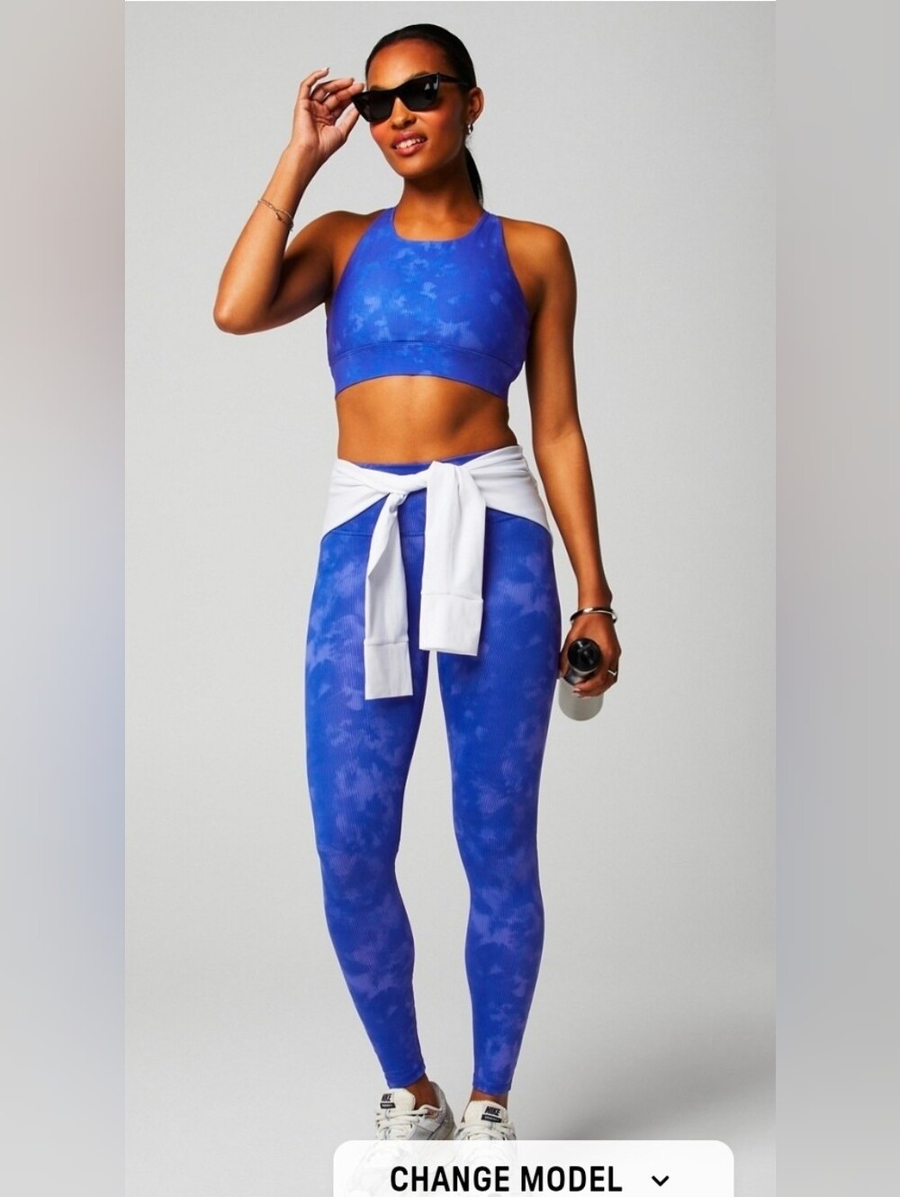 Fabletics Women's Blue Tie-Dye Ribbed Sports Bra & Leggings Set S Crossback